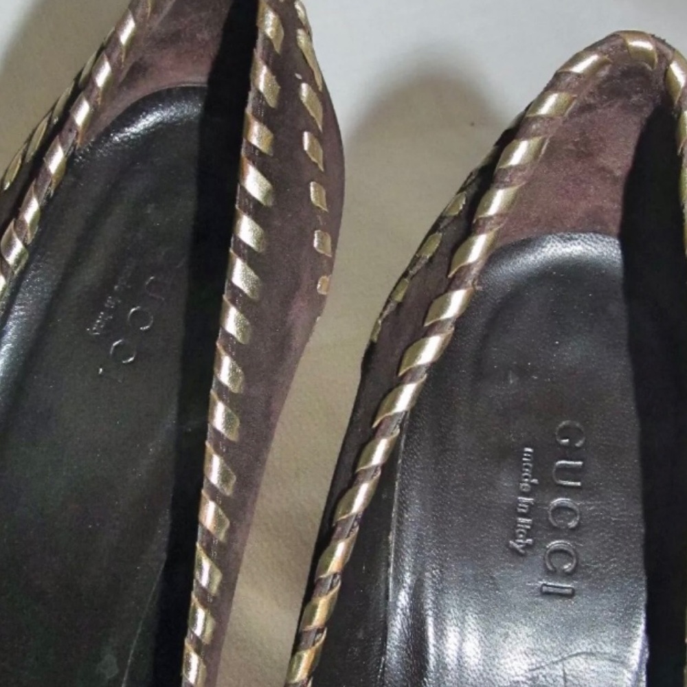 GUCCI Brown Suede Tassel Loafer Gold Stitch Heel Pumps Shoes Womens Size 6B 6 B - Picture 11 of 15